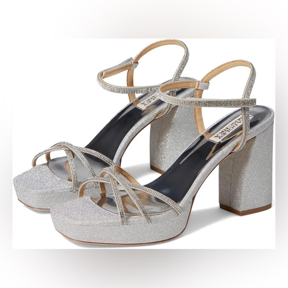 NIB Badgley Mischka Women’s Frida Open Toe Block Heels in Silver in size 7.5